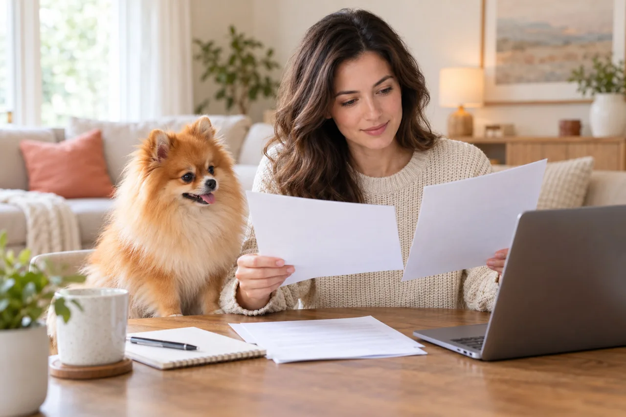 Owner comparing papers beside a small orange dog and a laptop